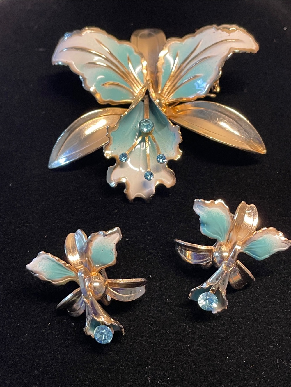 Gold-Tone Mint & White Enamel Orchid Brooch and Earrings Set
